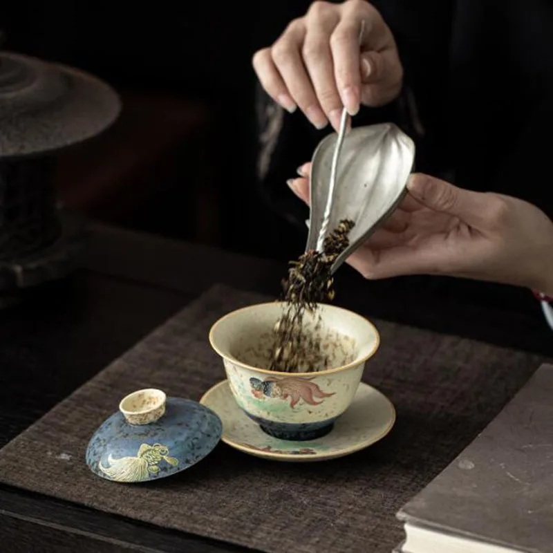 Porcelain Goldfish Pattern Sancai Gaiwan Retro Tea Cover Bowl Infuser Kettle Kungfu Tea Cup Kitchen Teaware Set