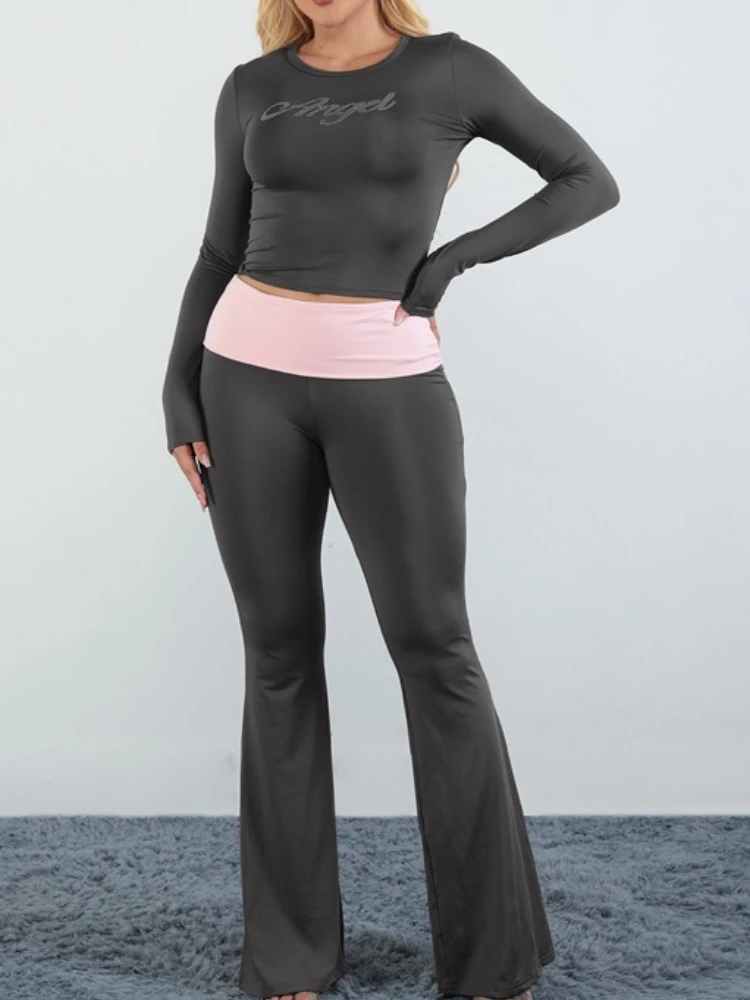 

Bangniweigou топ с длинными рукавами и расклешенными брюками с круглым вырезом и бусинами, комплект из двух предметов, женский спортивный костюм для отдыха серого цвета