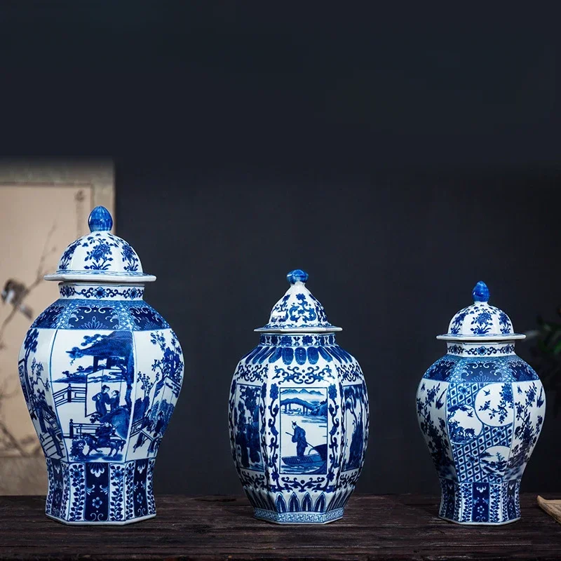 Tarro de jengibre de porcelana hexagonal azul y blanco hecho a mano antiguo clásico chino, decoraciones artísticas para Hotel y Villa