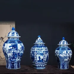 Chinese Classical Antique Handmade Blue and White Hexagon Porcelain Ginger Jar, Hotel and Villa Art Decorations