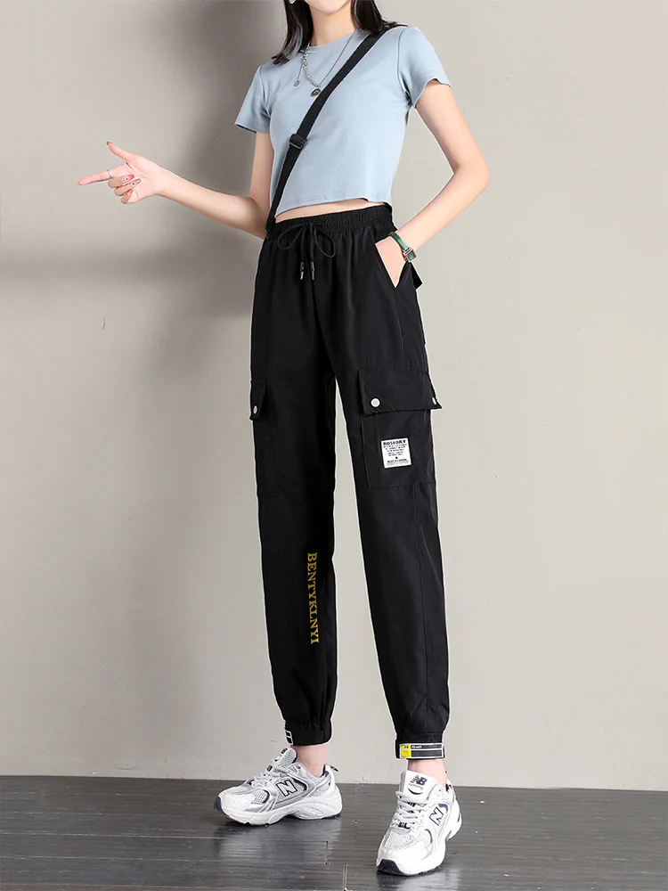 

Женские летние брюки карго с высокой талией, быстросохнущие, свободного кроя, с эластичным поясом, спортивные повседневные брюки для женщин больших размеров