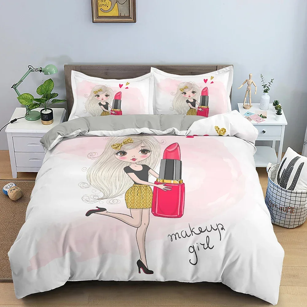 Makeup Gril Bedding Set Fastion Cartoon Duvet Cover Bedroom Comforter Covers Twin King ​Size Quilt Cover Home Textile 2/3PCS