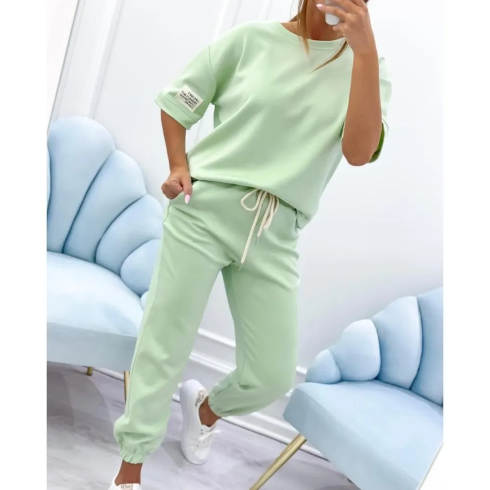 Feminino casual calças diárias conjunto 2025 verão moda em torno do pescoço de manga curta camiseta + calças com punho de renda conjunto de duas peças roupas esportivas