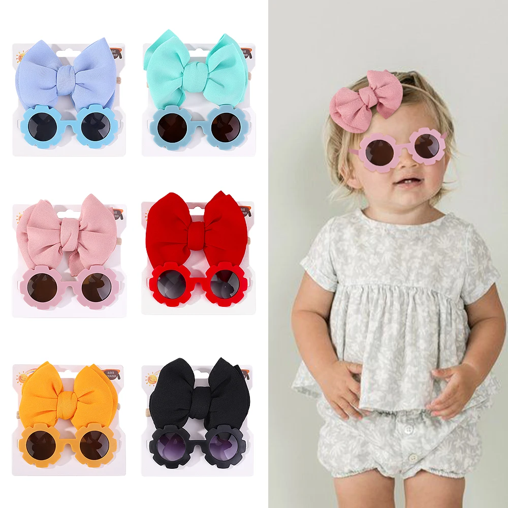 2Pcs Kids Bows Sunglasses Headband Set Protect Baby Sunglasses Large Hairband Beach Seaside Glasses Headwear Hair Accessories