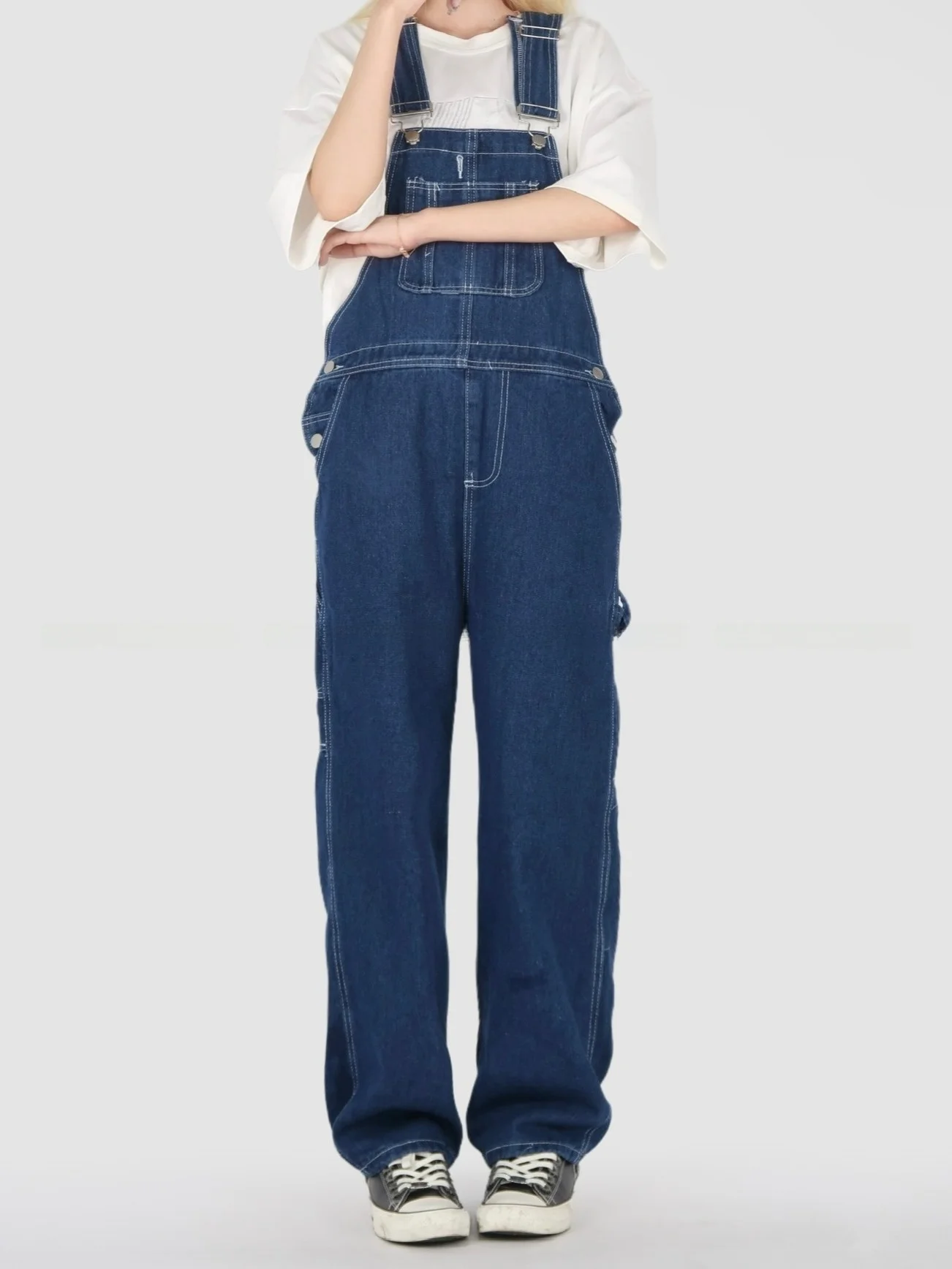 

Retro Hong Kong Sle Blue Denim Overalls Women's Summer Loose Wide Leg Workwear One-Piece Pants Casual High Waist Long Trousers