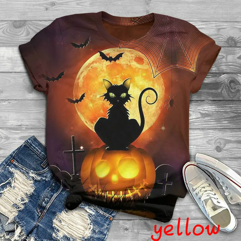 Halloween Men's and Women's T-shirts Round Neck Short Sleeve Pumpkin Lantern Cat Witch 3D Digital Print Summer Quick Dry Top