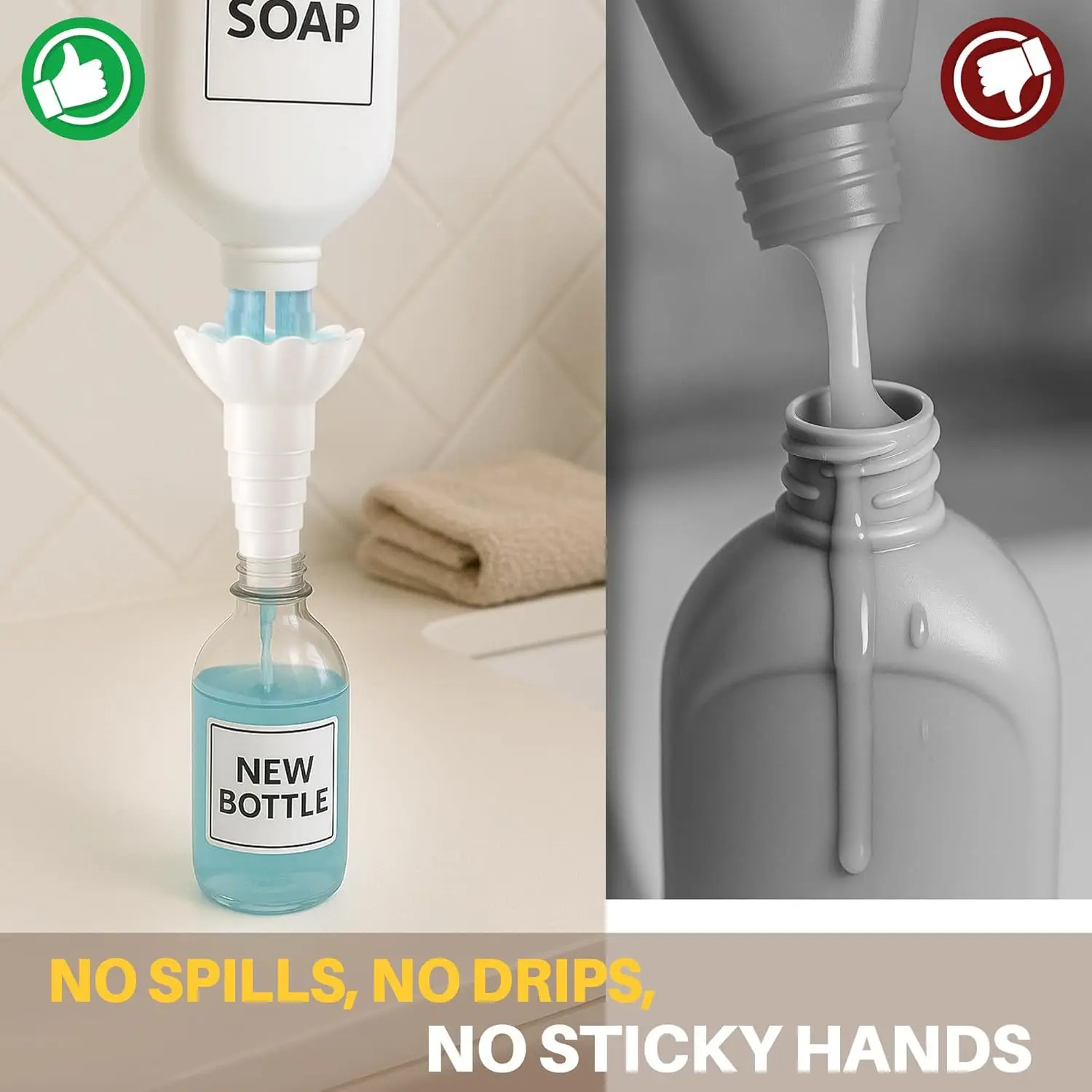 Universal Bottle Emptying Kit, Reusable Liquid Transfer Connector with Funnel Adapter for Bathroom & Kitchen