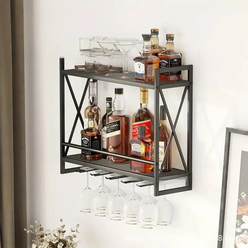 Wall-mounted wine rack black metal multi-purpose shelf hanging glass