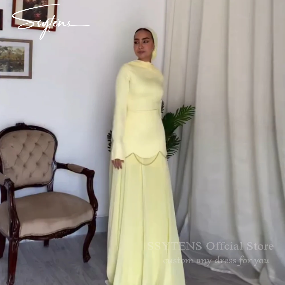 

SSYTENS Baby Yellow Chiffon Evening Dresses Pearls Saudi Arabric Prom Dresses Long Sleeves Muslim Dubai Prom Gowns Customized