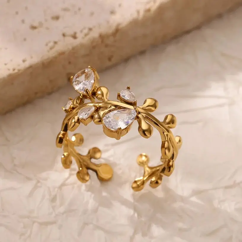 Fashion Zircon Leaves Rings For Women Gold Color Stainless Steel Leaves Ring Couple Wedding Minimalist Jewelry anillos mujer - Image 2