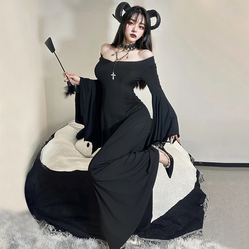 

Halloween Gothic Women Dress Long Sleeve High Waist Dresses 2025 New Goth Aesthetic 90s Egirl Sexy Slim Party Club Dress