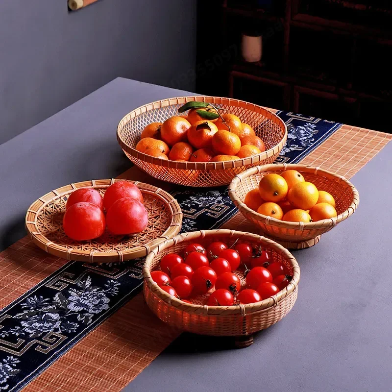 White Bamboo Fruit Basket Handmade Woven Plate Natural Bamboo Products Handicraft Storage Bowl for Kitchen Home Decor