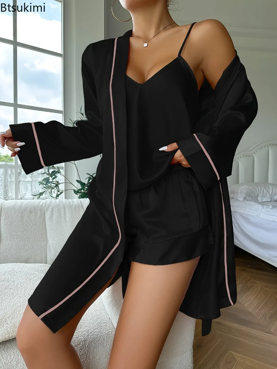 New 2025 Women's Home Three Piece Set V-Neck Spaghetti StrapTops Drawstring Short Cami Set Tied Detail Open Front Robes Ladies