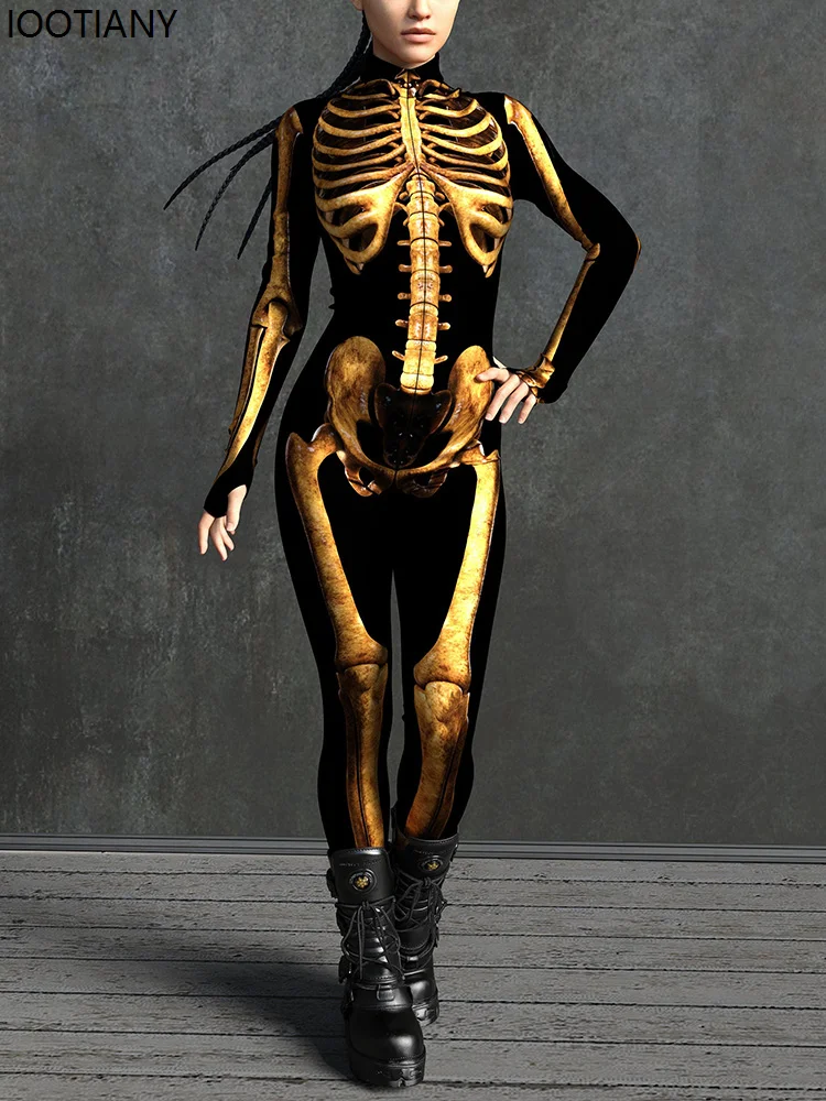 Macacão de festa de horror de Halloween feminino, bodysuit sexy estampado caveira, traje exclusivo, roupas Rave, novo