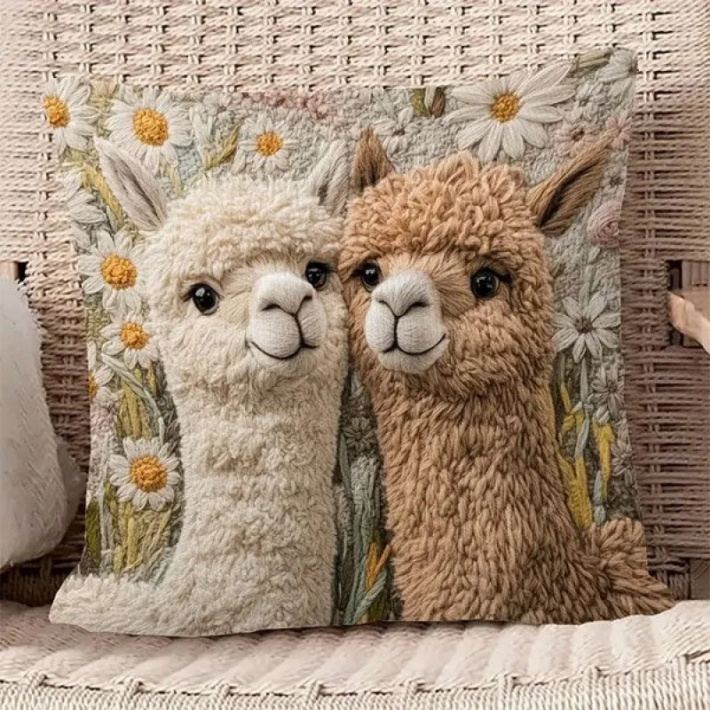 VIKAMA Cartoon Animal Cotton Flannel Throw Blanket, Embroidered Pattern Pillow Cover, Bedroom and Living Room Cushion Cover