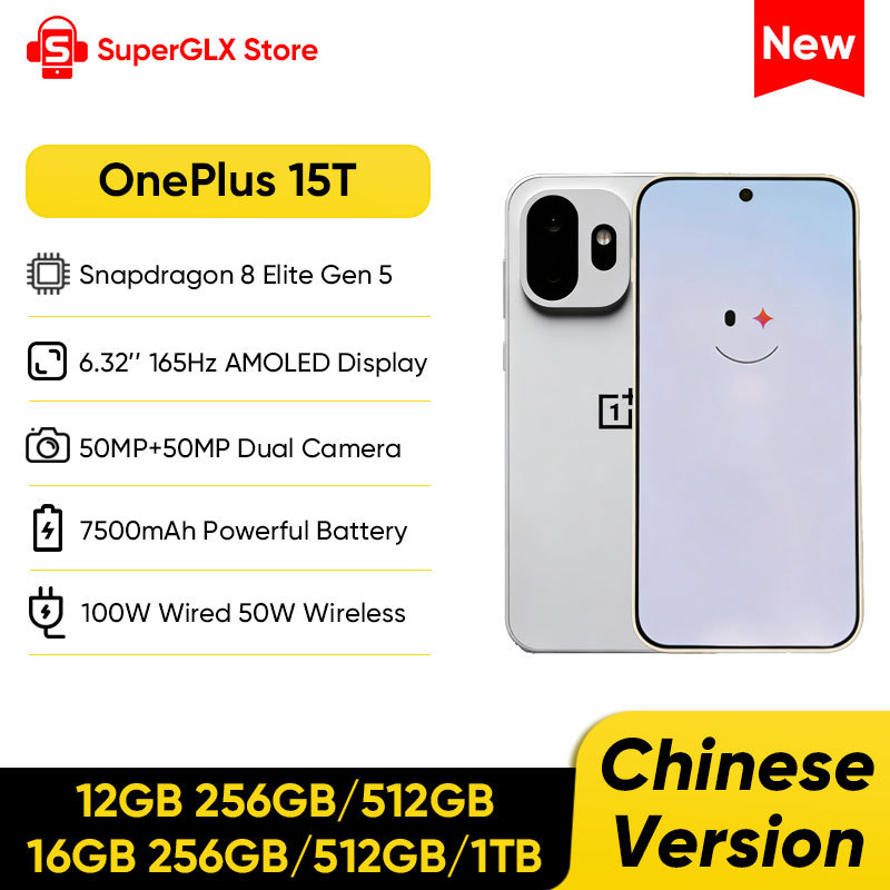  OnePlus 15T Unlocked 5G Smartphone Snapdragon 8 Elite Gen 5 6.32'' 165Hz High Refresh Rate Screen 7500mAh Battery 100W Wired NFC 