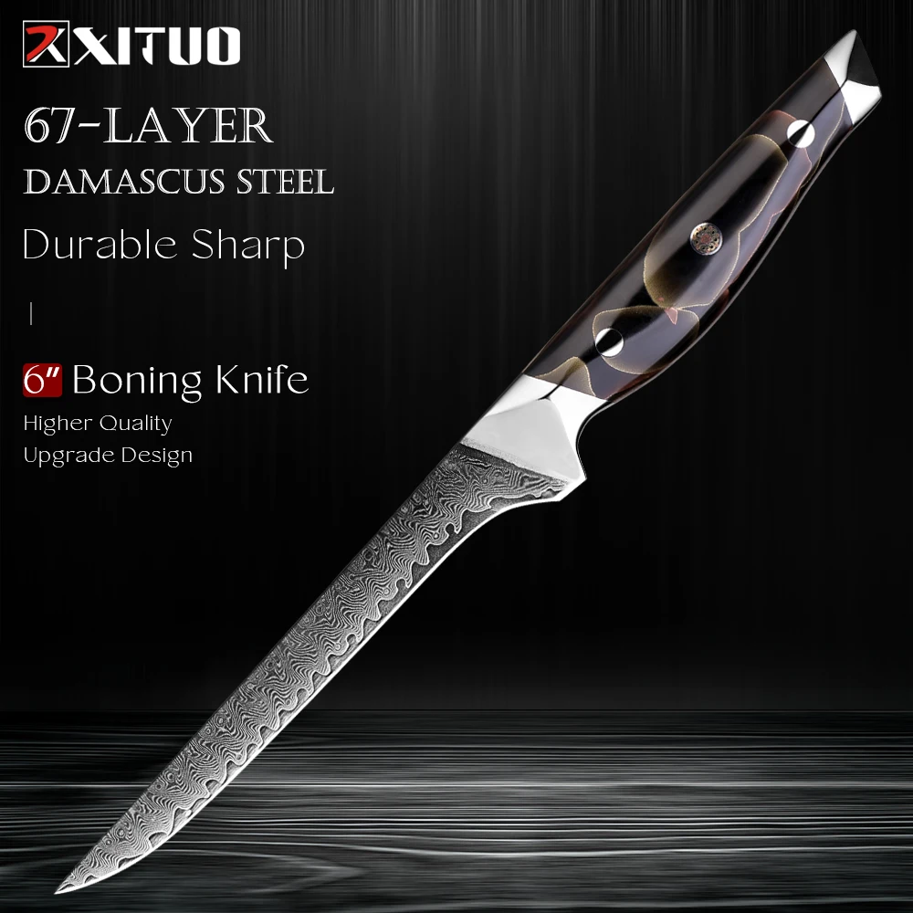 

6 Inch Fillet Knife Sharp Boning Knife, Japanese Damascus Steel Kitchen Fish Knife Flexible Blade,Copper Platinum Resin Handle