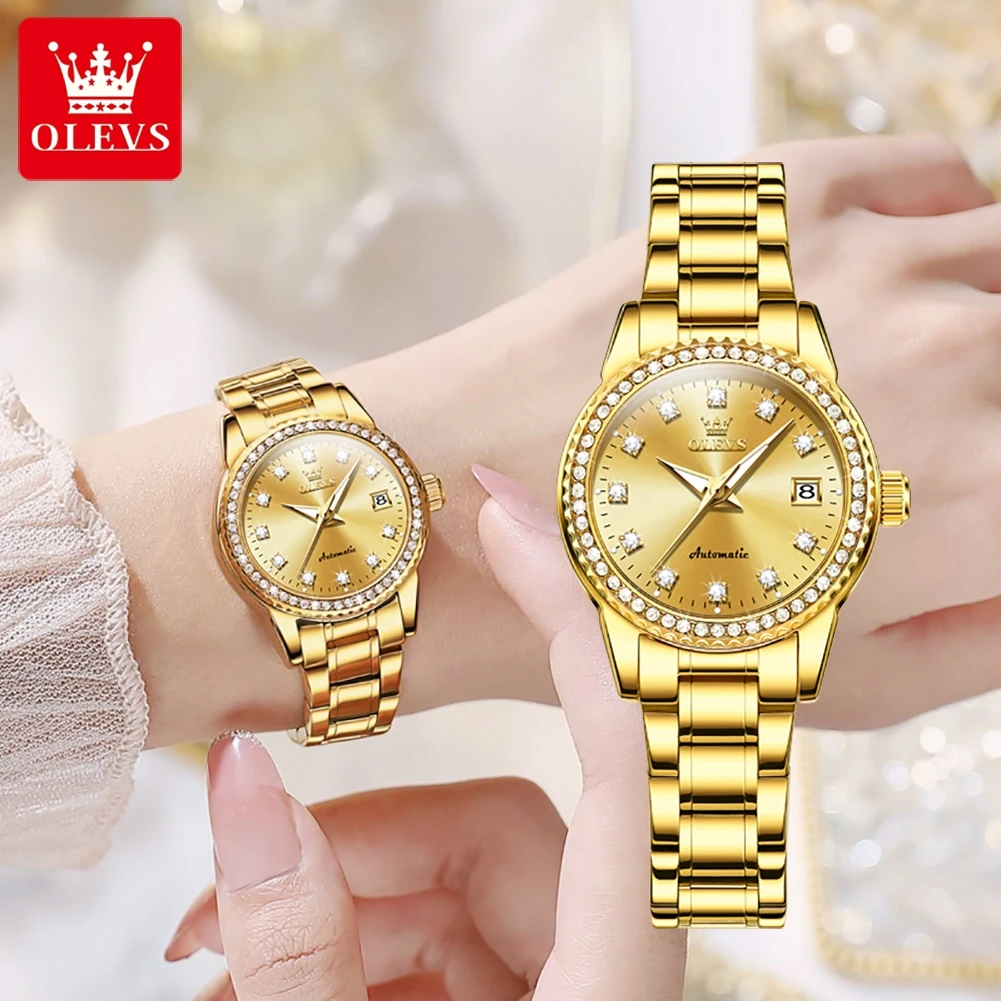 OLEVS Original New Automatic Mechanical Watch for Women Luxury Diamond Dial Fashion Elegant Ladies Dress Bracelet Wristwatches