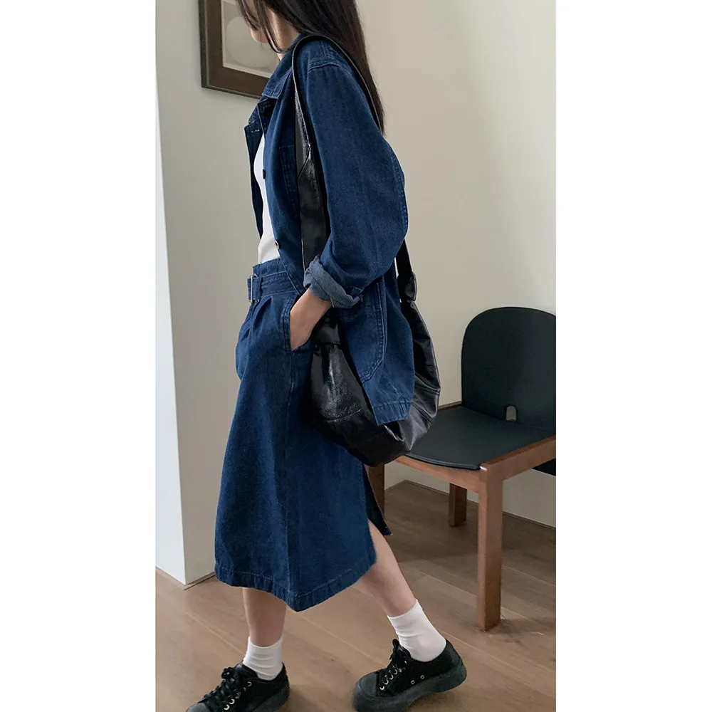 

New Early Fall 2025 Casual Denim Suit Women's Long Coat A-line Skirt for Women