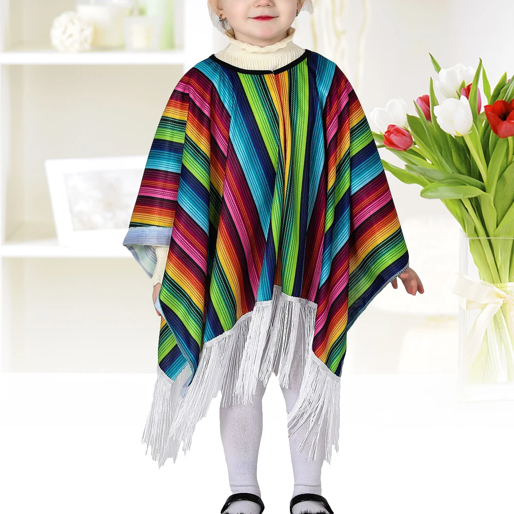

Mexican Cloak Kids Costume Oversized Fringe Tassels Halloween Dress Up Party Cosplay Role Play Mexico Clothes