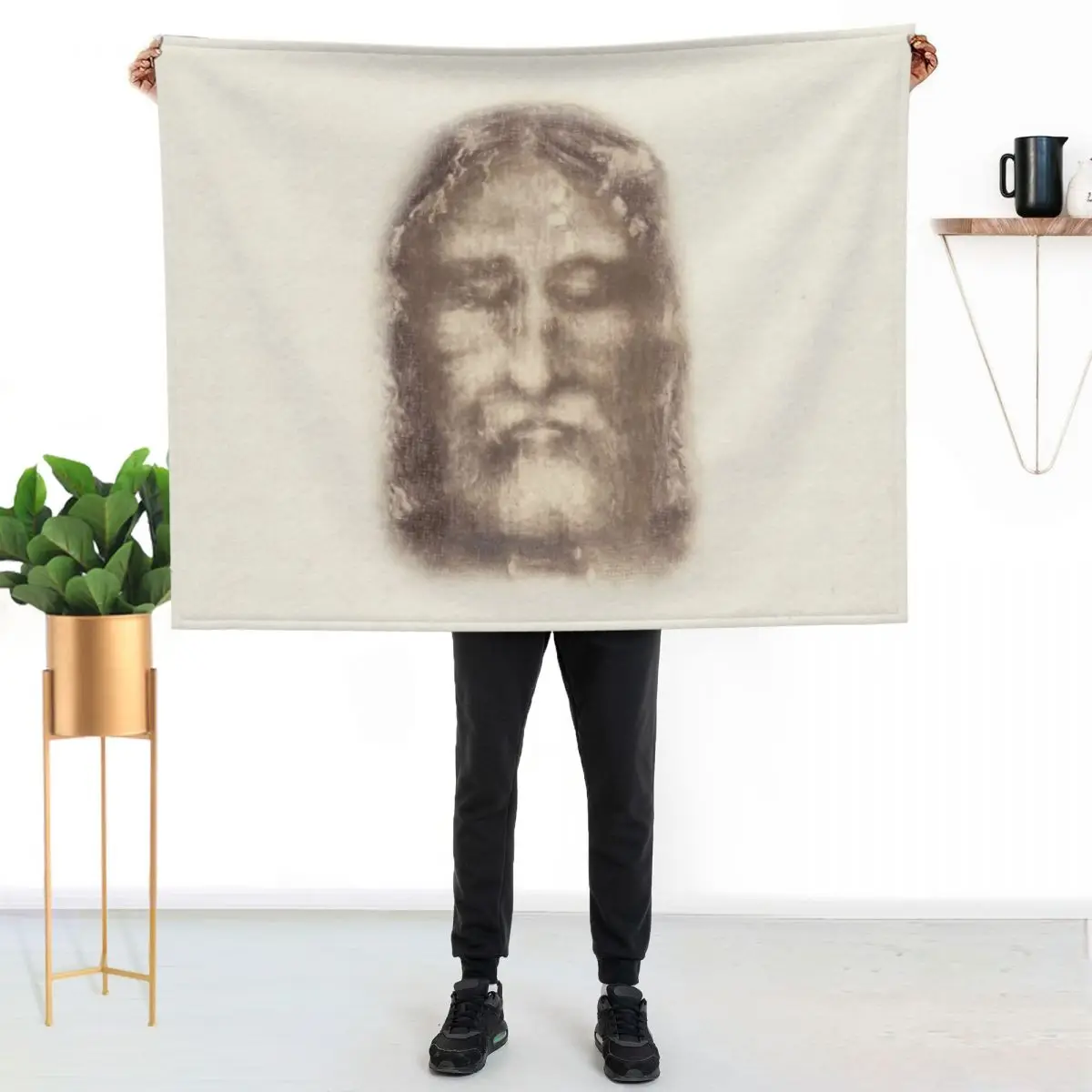 Shroud of Turin Face of Jesus Christ with Crown of Thorns Beige Vintage Background Painting HD High Quality Throw Blanket