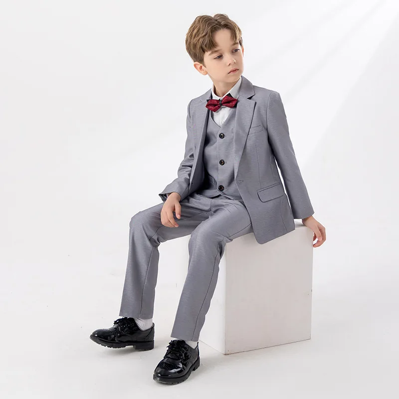 Children Blue Gary Jacket Vest Pants Bowtie 4PCS Piano Party Dress Kids Ceremony Photograph Suit Flower Boys Performance Costume