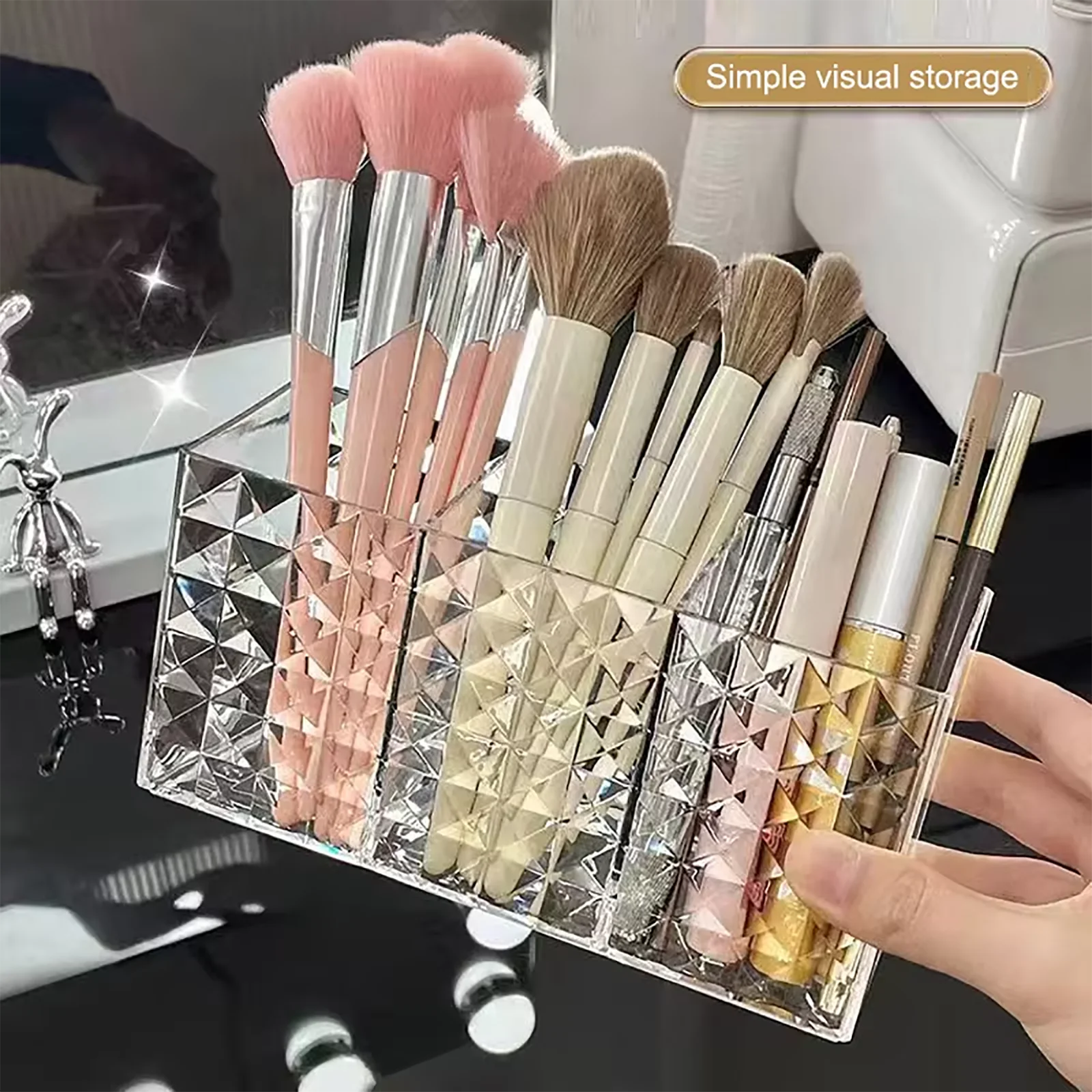 Acrylic Cosmetic Storage Box Makeup Brush Holder Organizer Lipstick Eyebrow Pencil Bathroom Storage Display Stand Diamond