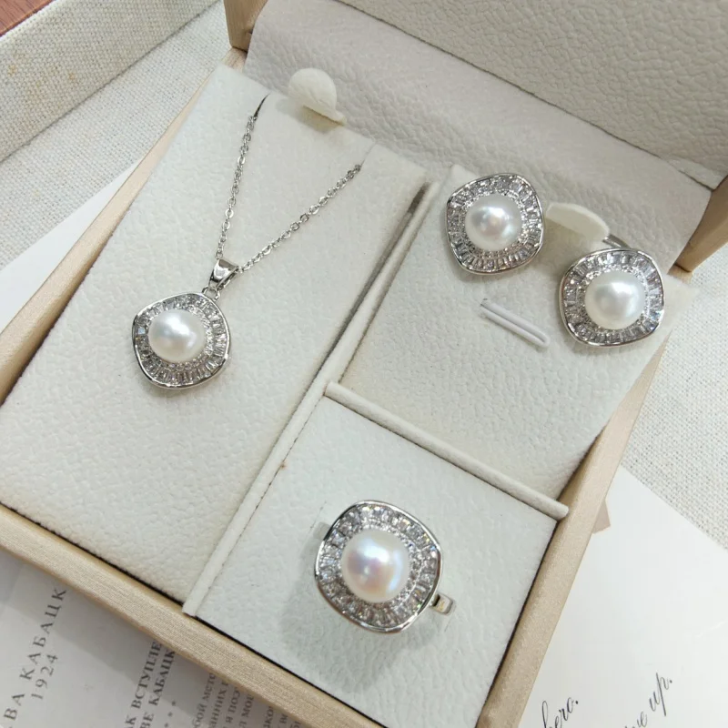 Freshwater necklace women's with micro-inlaid zirconia, pearl earrings, ring, and pendant three-piece set