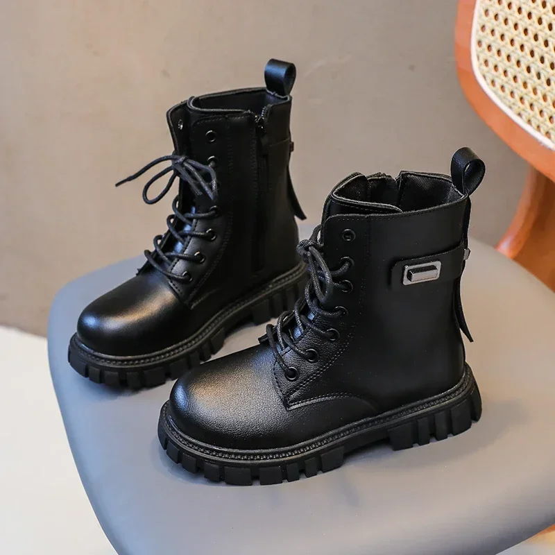 Girls Fashion Boots Kids Black Boots Motorcycle Tide British Style Kids Rubber Boots 2024 Autumn Winter Warm with Metal Buckle