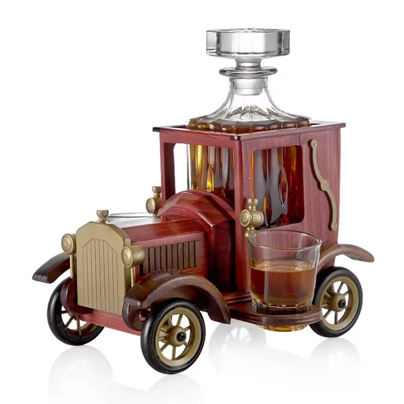Juego de decantador de vino con forma de coche moderno, cristal sin plomo, 2 vasos de chupito, Base de madera soplada a mano sostenible, artículos de bar para regalo de vino