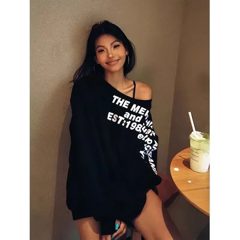 American Retro Personality Off-shoulder Letter Printed Long-sleeved Sweatshirt Autumn and Winter New Loose Top Trendy