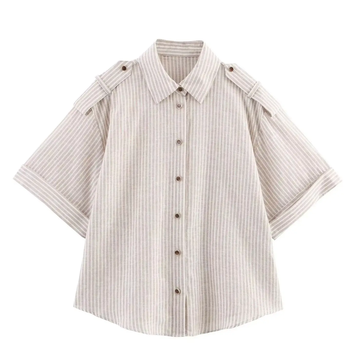 

KONDALA шикарная полосатая уличная повседневная женская рубашка однобортная бежевая короткая блузка с коротким рукавом мода 2025 женские топы Mujer