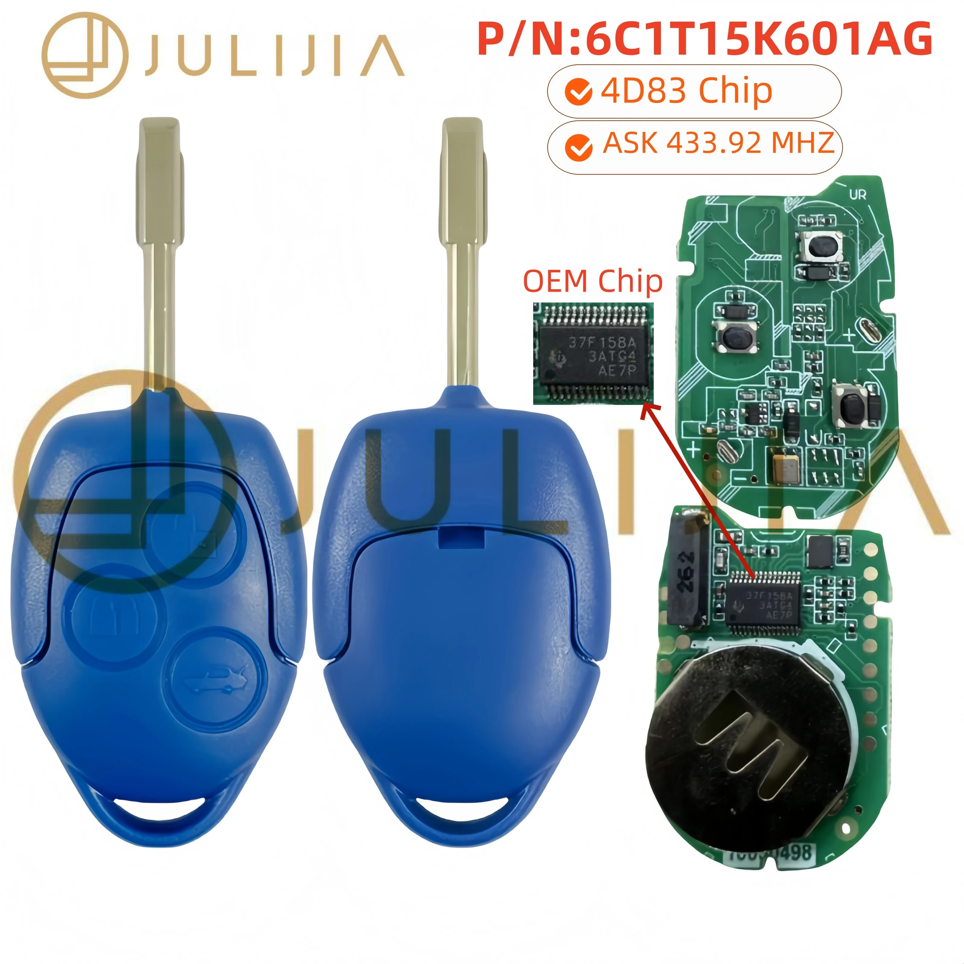 

For Ford Transit VM WM 2014 2013 2012 2011 2009 2008 2007 2006 4D63Chip 4D83 433MHZ Blue Remote Car Key 6C1T15K601AG 6CIT15K601