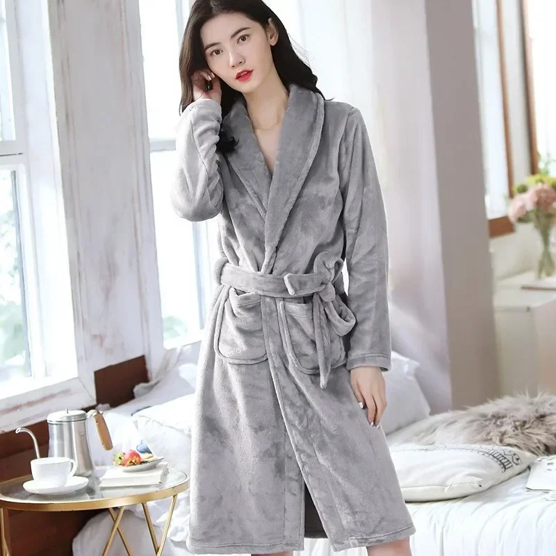 2024 New Winter Warm Flannel Robes Women Solid V-Neck Long Bathrobes Lady Coral Fleece Casual Loose Nightgown Thickened Homewear