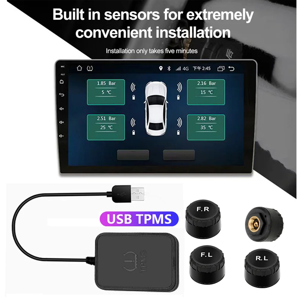 USB Android TPMS Tire Pressure Monitoring System Display Alarm System With 4 External Sensors For Car Android Navigation DVR