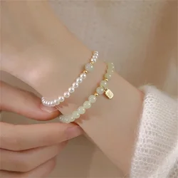 Natural Hotan Jade Women's Bracelet Chinese Style Simple Fine Pearl Beaded Bracelet 2024 New Birthday Gift for Best Friend