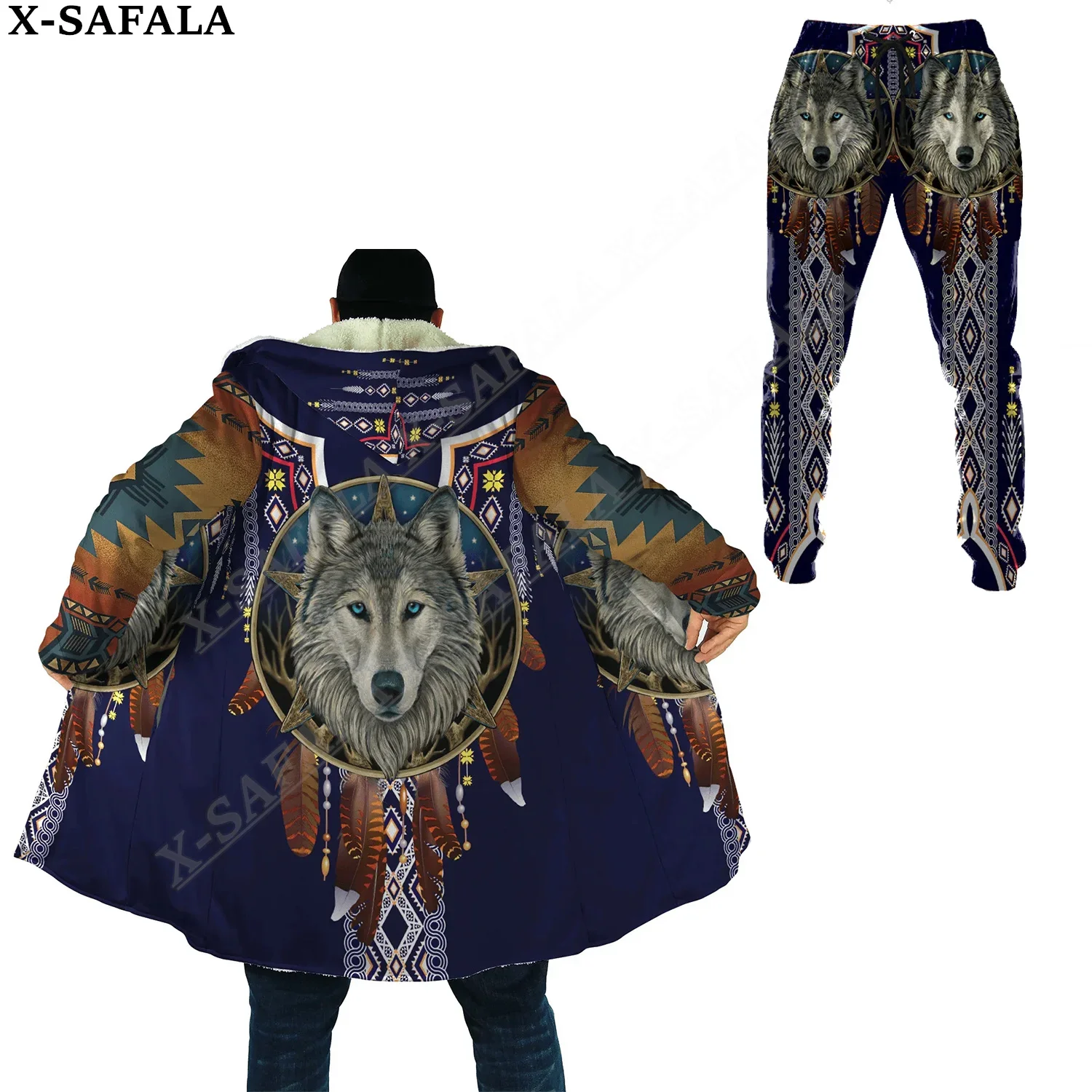 

Native Symbol Wolf Feather Thick Warm Hooded Cloak Sweatpants Combo Set Overcoat Coat Windproof Fleece Unisex Joggers Trousers-1