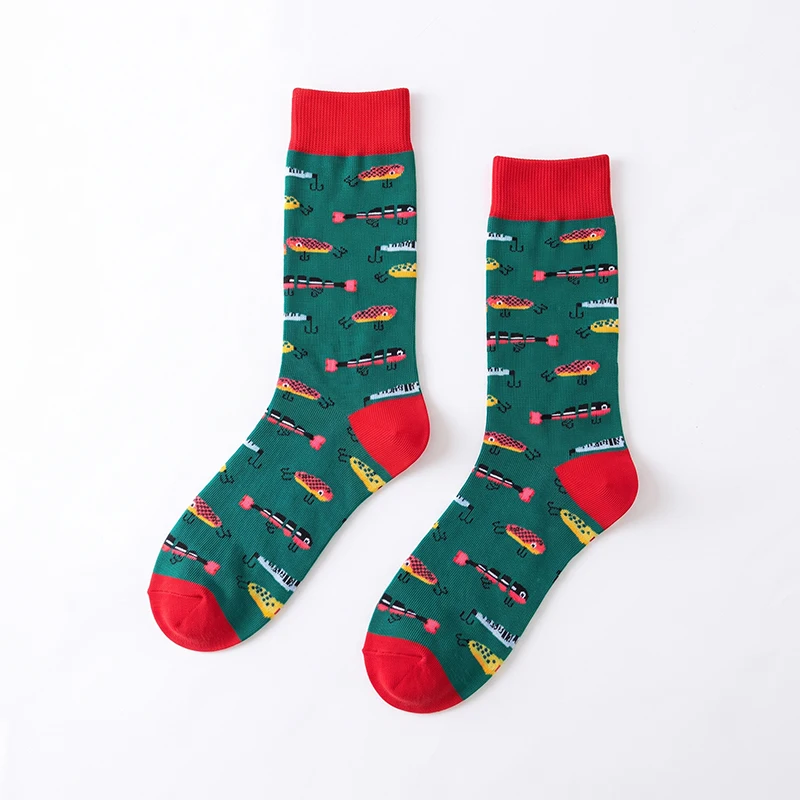 1 Pair of Unisex Dark Green Colorful Fishing Lure Imitation Bait Fishhook Socks with Full Printed Pattern, Red Socks with Socks Top and Heel, Mid-Calf Sweat-Absorbent Breathable Socks, Fun and Stylish Trendy Socks, Everyday Wear Outdoor Fishing Couple Mid-Calf Socks