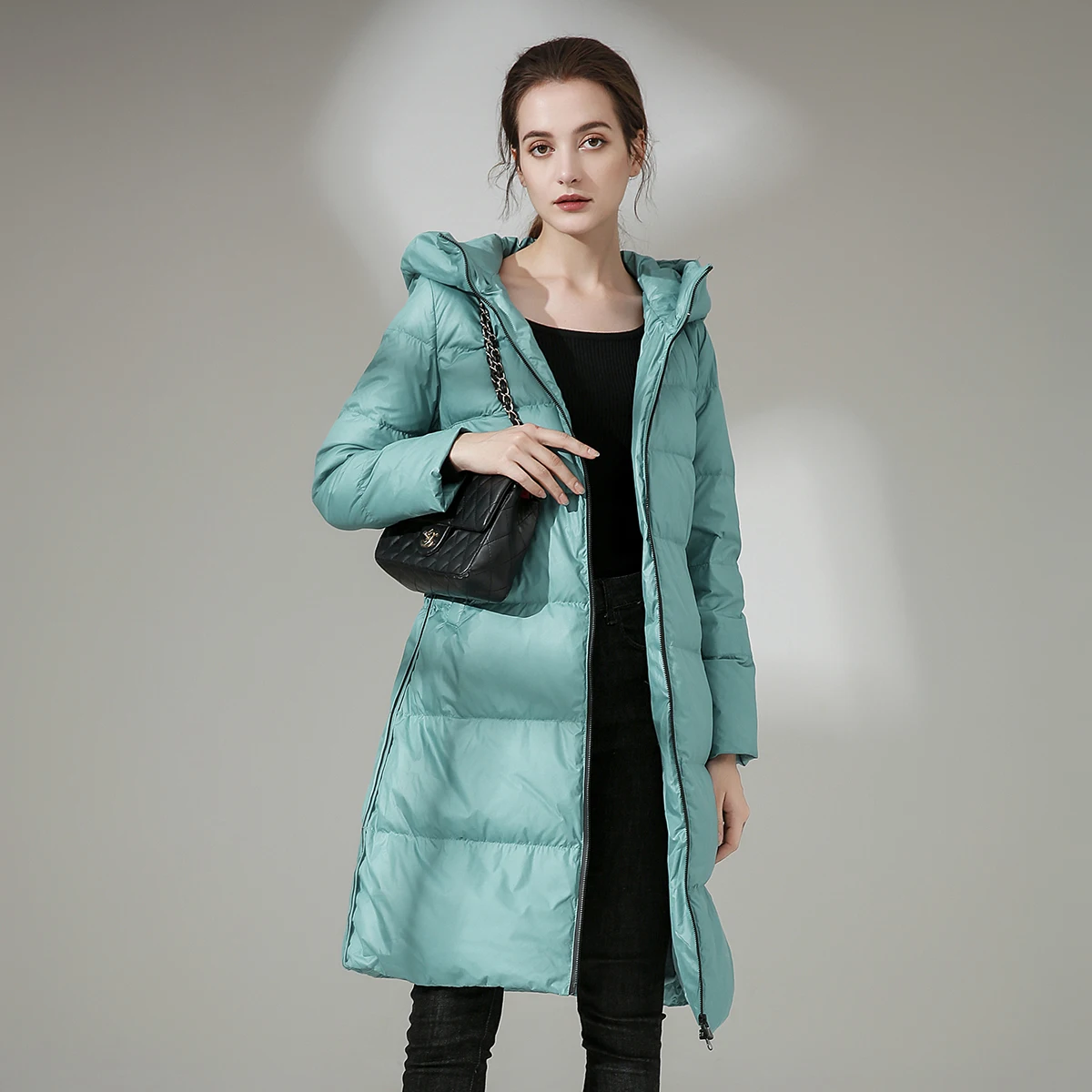 

Lightweight Puffer Jaet Women's Winter Coat Mid-Length Hooded Korean Sle White Du down Belted Waist Slimming Outerwear