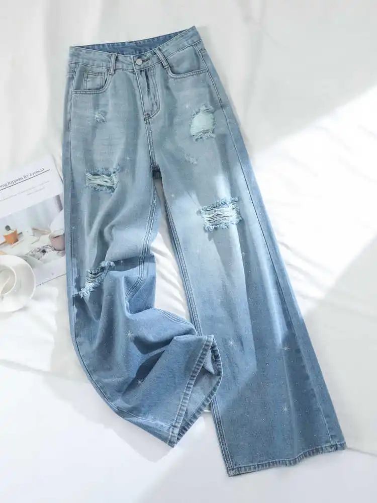 

Summer Rhinestone Ripped Jeans for Women High Waist Zipper Blue Gradient Denim Pants Casual Fashion Hole Female Trousers