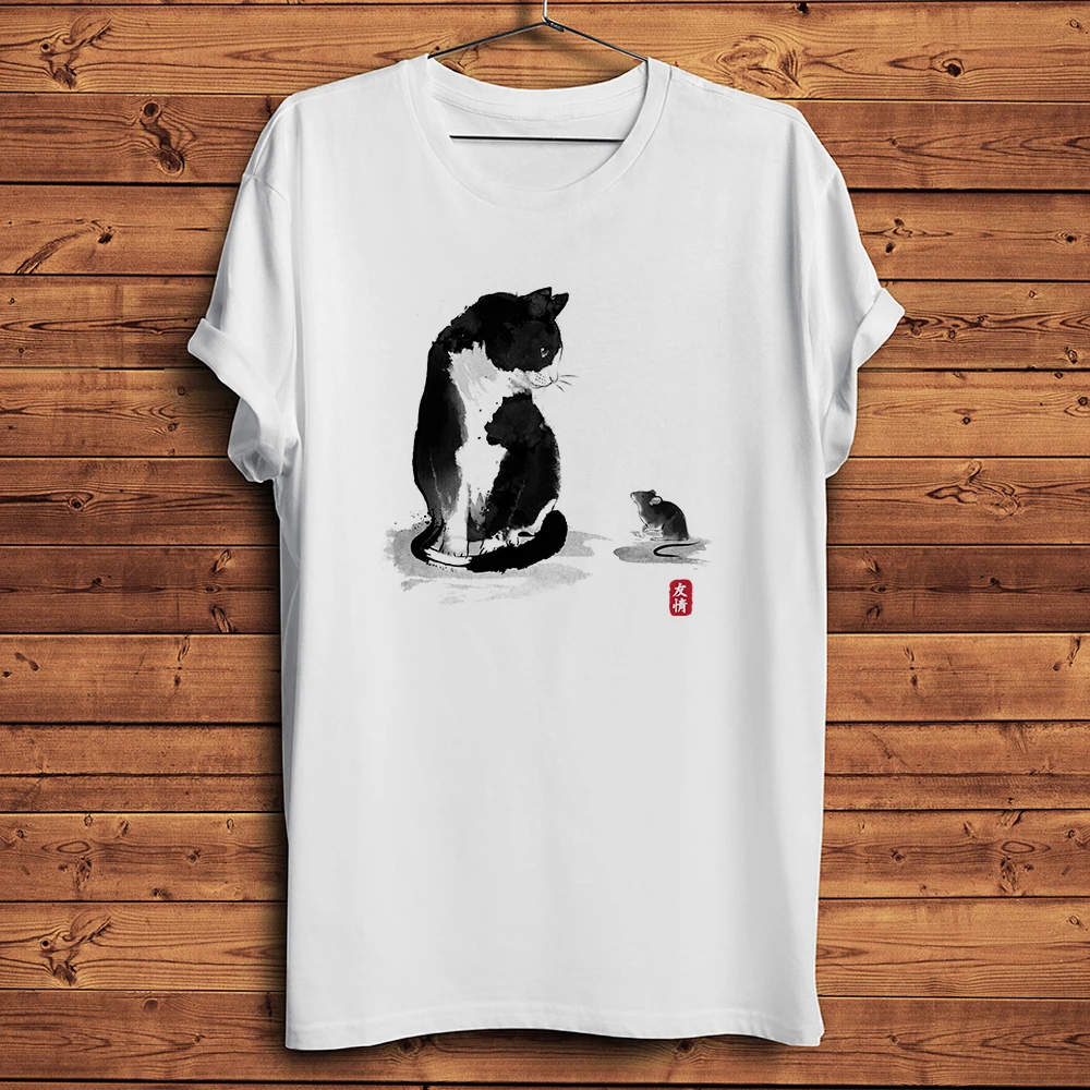 ink Cat Watercolor Funny meow TShirt Homme Short Sleeve Casual T Shirt Unisex Streetwear Tee Breathable Print