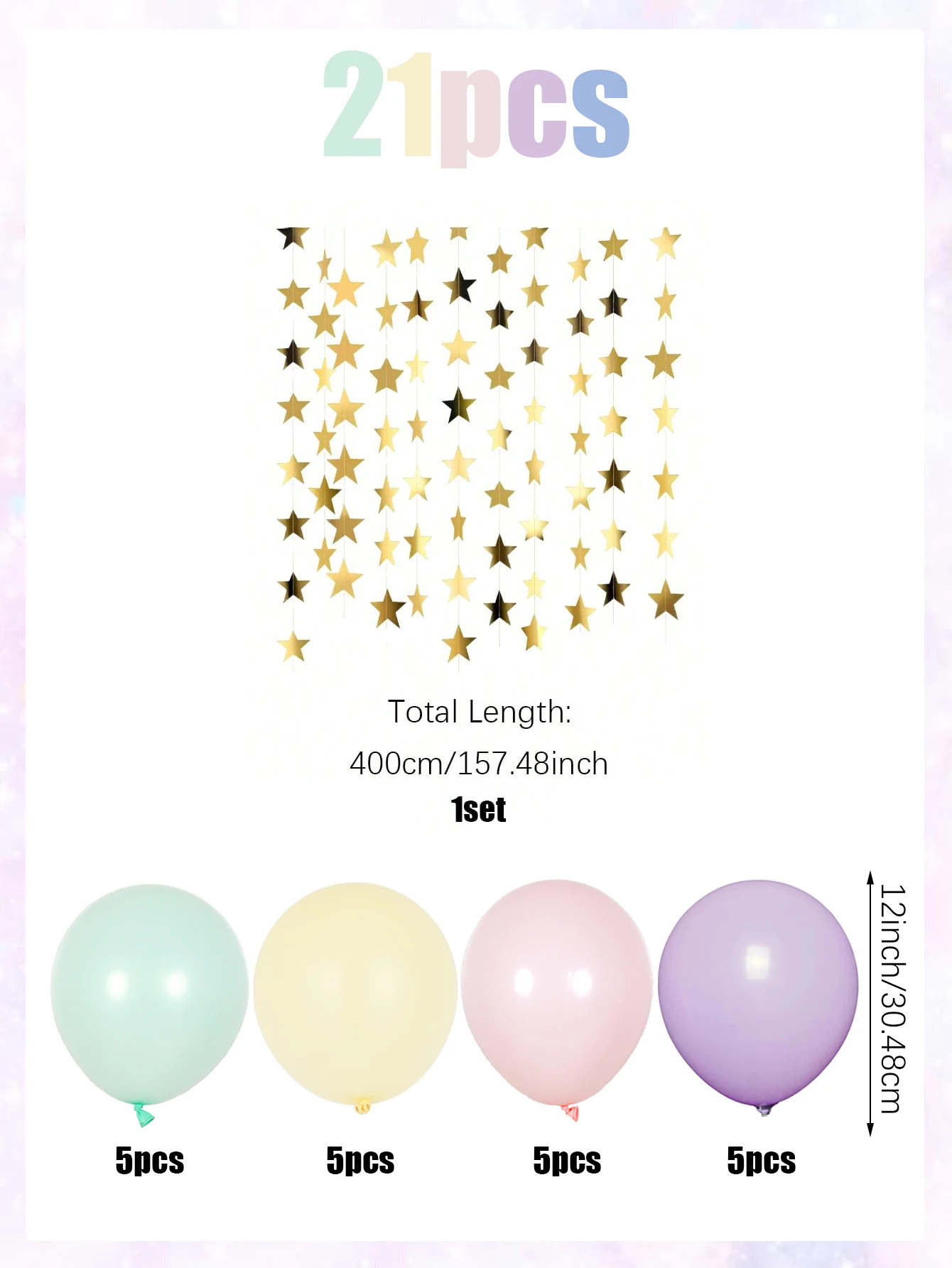 21-teiliges Macaron-Fünfzackstern-Latte-Art-Ballon-Set, enthält rosa Macaron-farbene Latexballons und Sternornamente. Suita – Detail 2