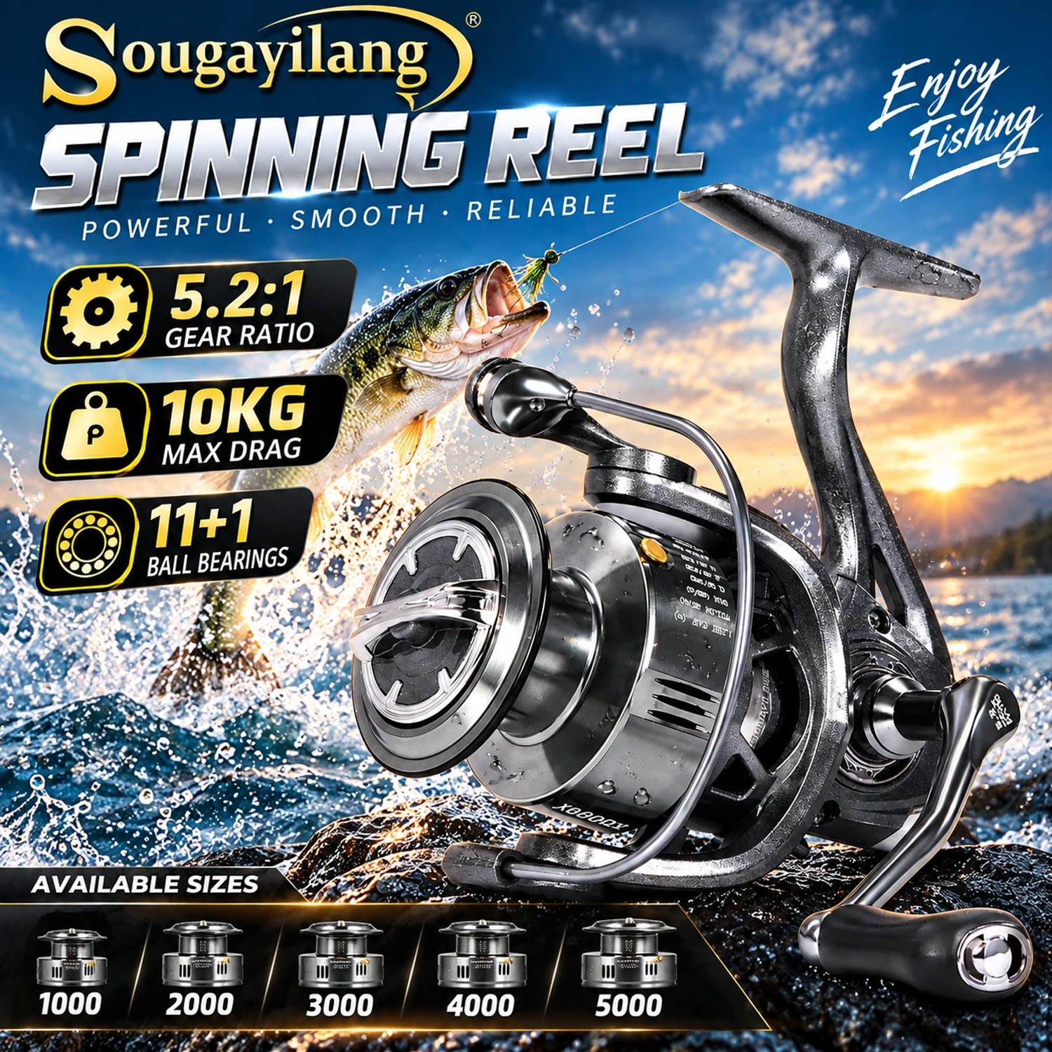 Sougayilang Spinning Fishing Reel 11+1BB 5.2:1 Gear Ratio 10KG Max Drag 1000-6000 Series for Saltwater Carp Fishing Tackle Pesca