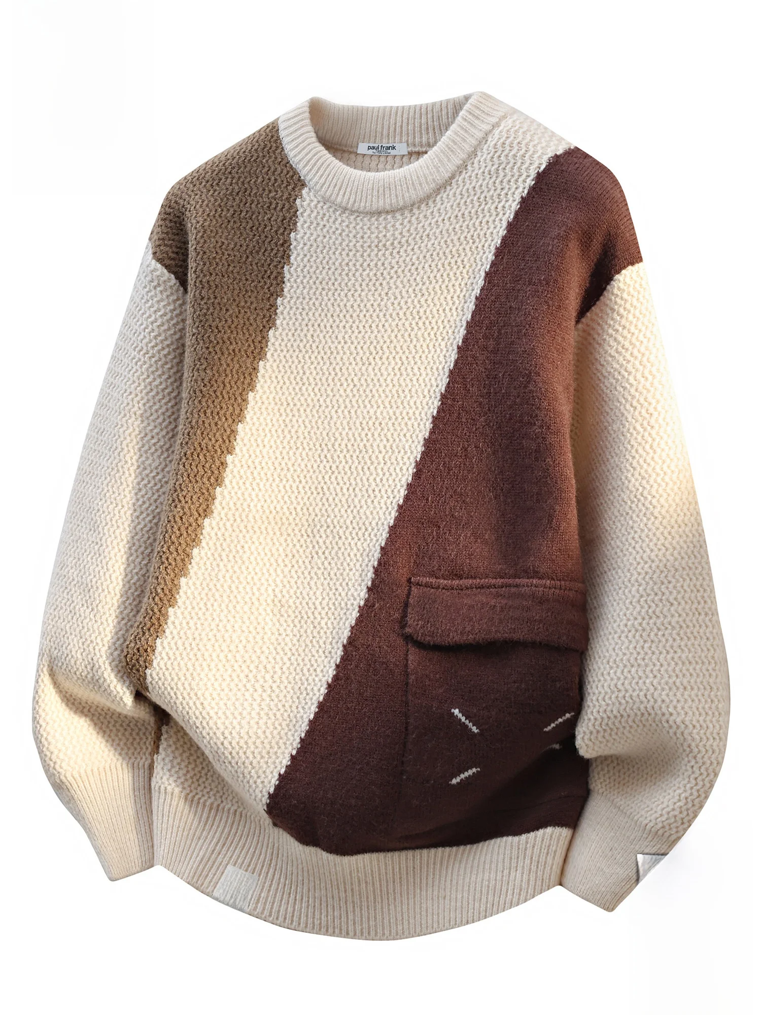 

Мужской теплый повседневный вязаный свитер Paul Frank в стиле ретро с цветными блоками, осенний, комфортный, с длинными рукавами и круглым вырезом