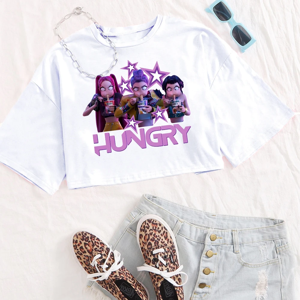 Kpop demon hunter colheita topos saja meninas fã camisa moda feminina colheita t camisa presente para o fã de huntrix