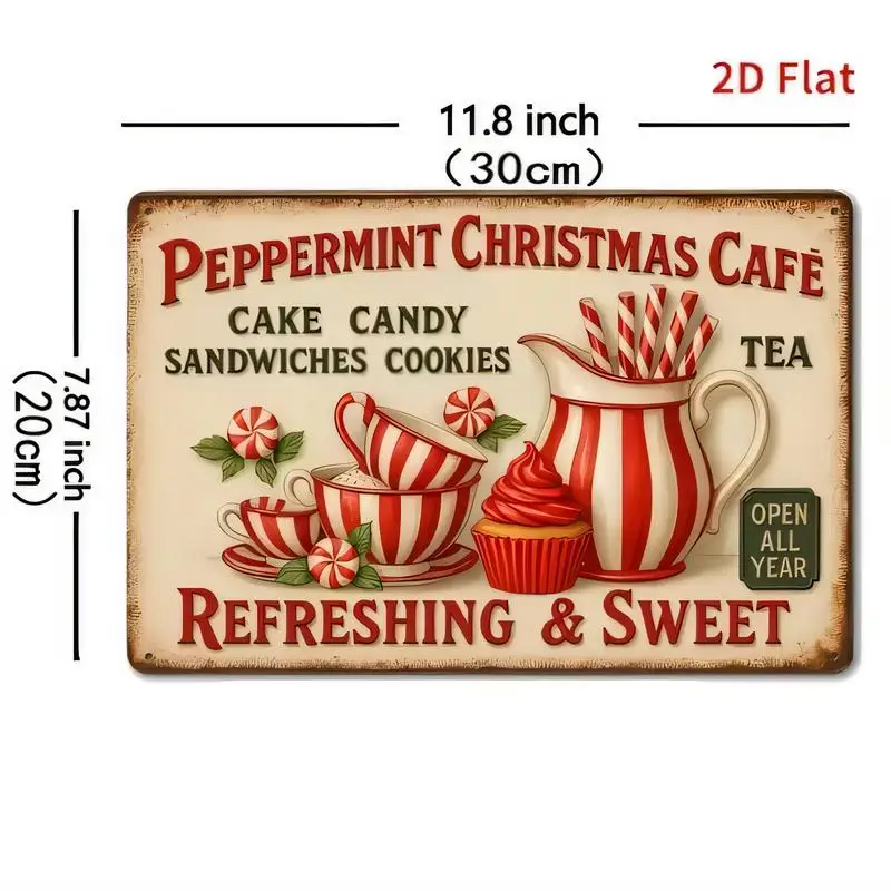 Peppermint Christmas Cafe Vintage Metal Tin Sign - 30x20cm Retro Red & White Striped (Candy, Cake, Cupcake, Tea) Iron Wall Art,