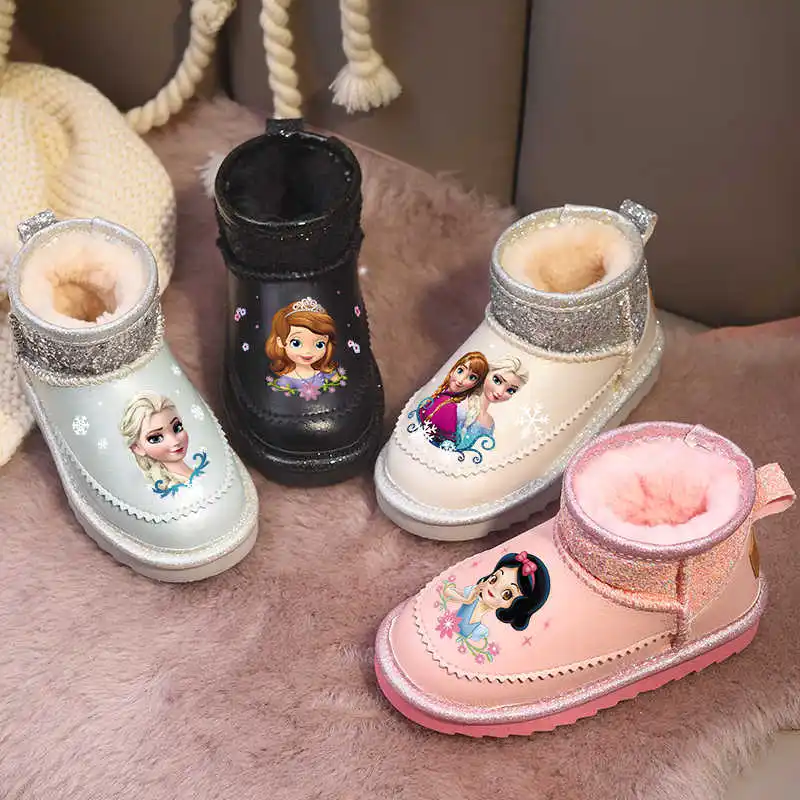 2024 In Stock Winter Snow Disney Princess Girls Frozen Fur Cute  Water Cartoon Non-Slip Purple Rose Red Warm Cartoon Size