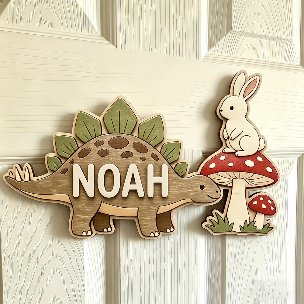 Personalized Stegosaurus & Rabbit Name Sign for The Dearest Baby, Cute Wooden Kids Room Forest Animal Decor