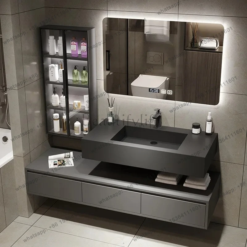 

z.ModernLuxury Bathroom Cabinets With Side Cabinet Rock Ceramic Basin Bathroom Vanity Cabinet Display Gabinete Trendy Furniture