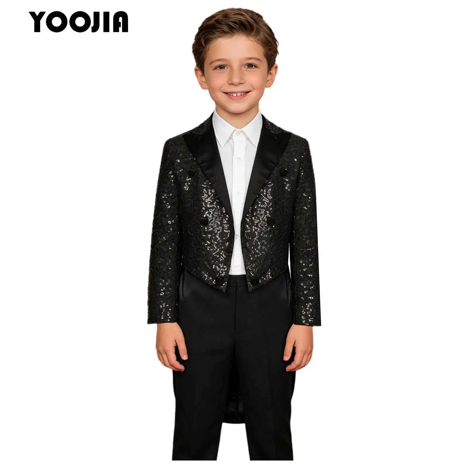 Children Boys Shiny Sequin Tailcoat Jacket Gentleman Suit Magic Circus Performance Costume Birthday Wedding Blazer Tuxedo Coats